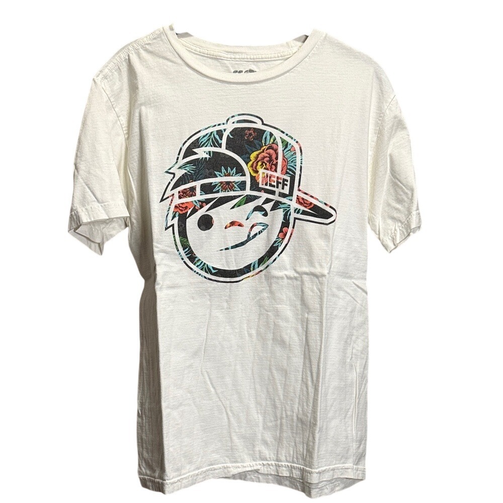 Neff Youth Graphic T Shirt‎ White XL Cartoon Face Floral Print Short Sleeve